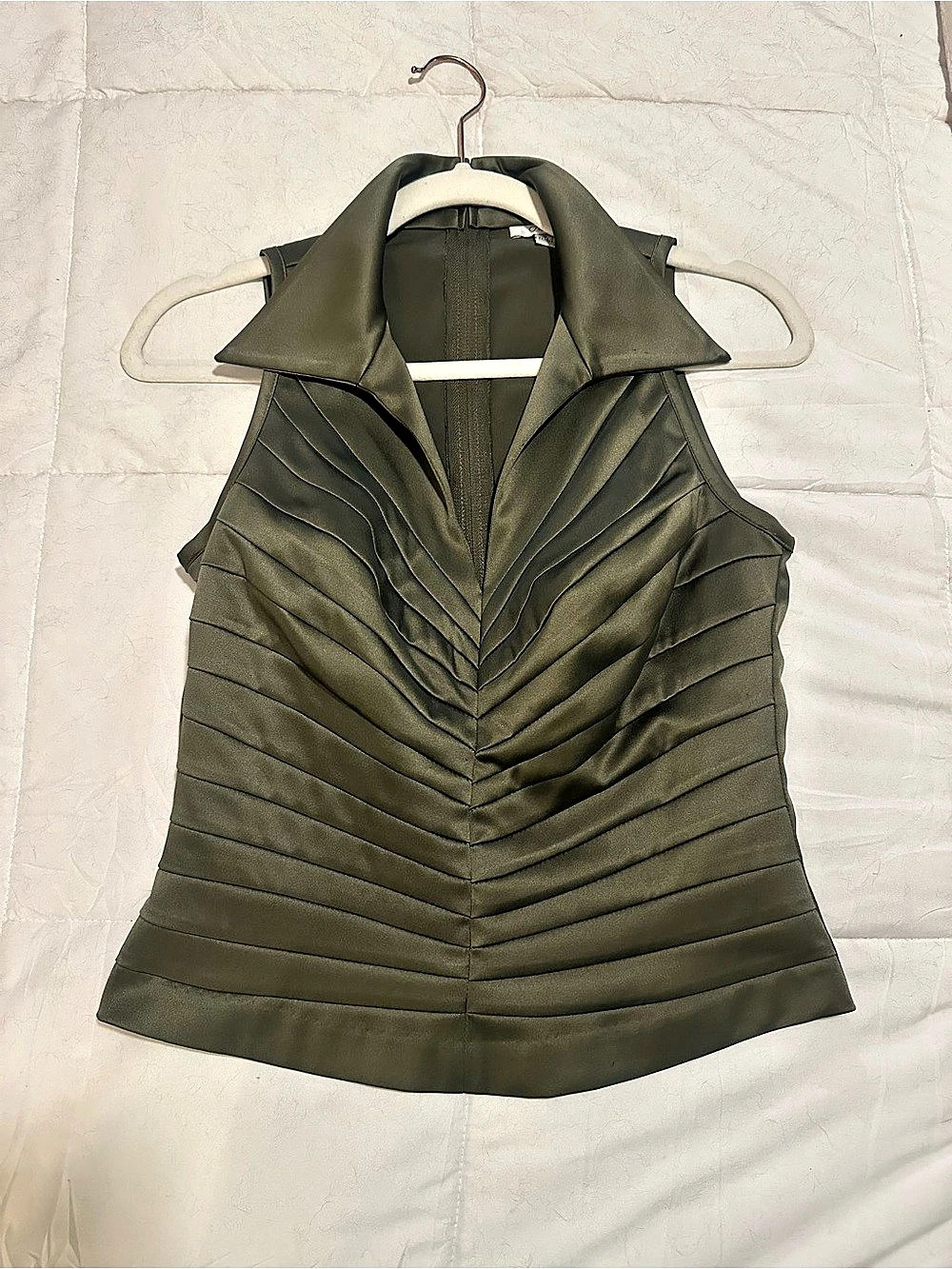Cache Pleated Collared Top in Olive Green